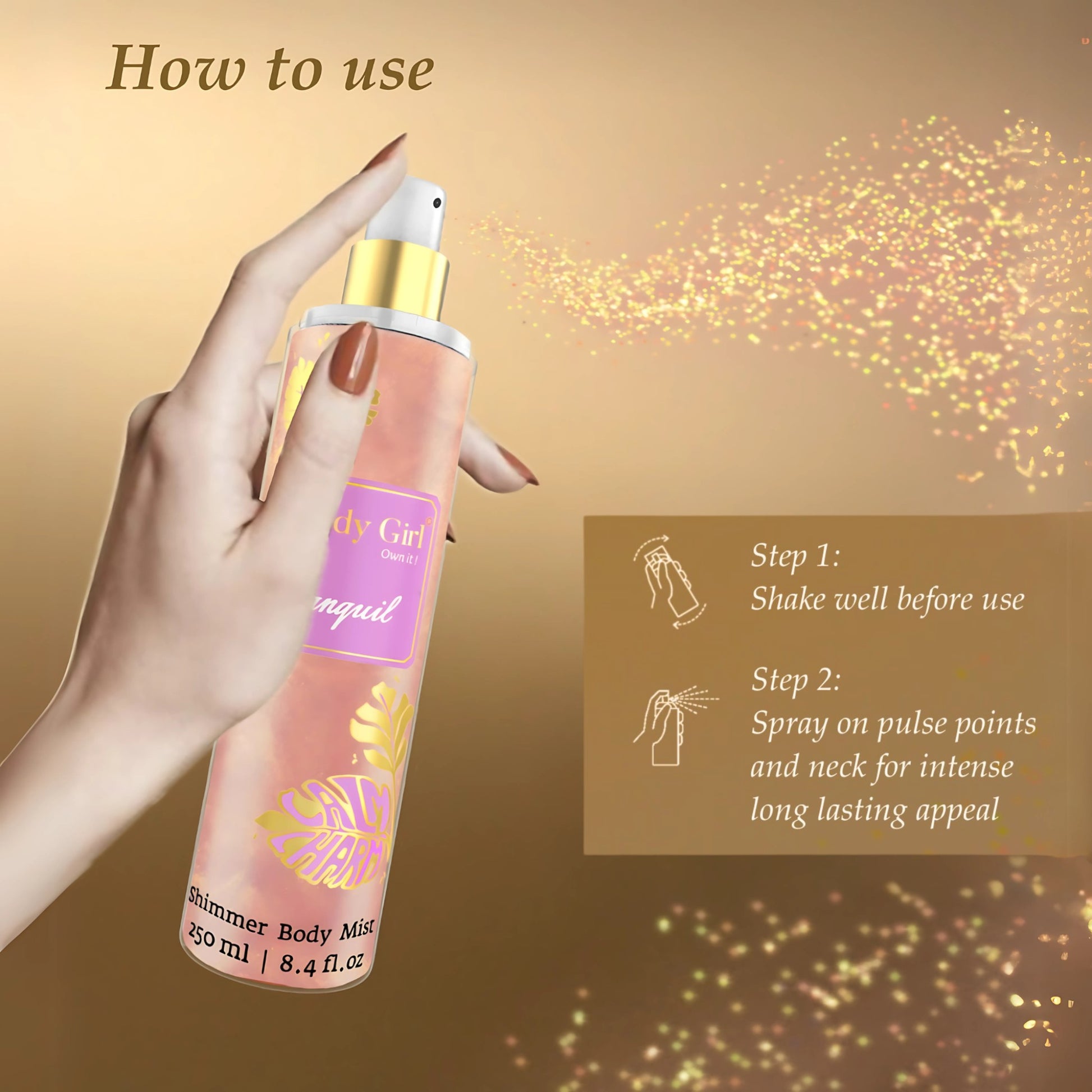 Hand holding a bottle of body mist with usage instructions on a gold background