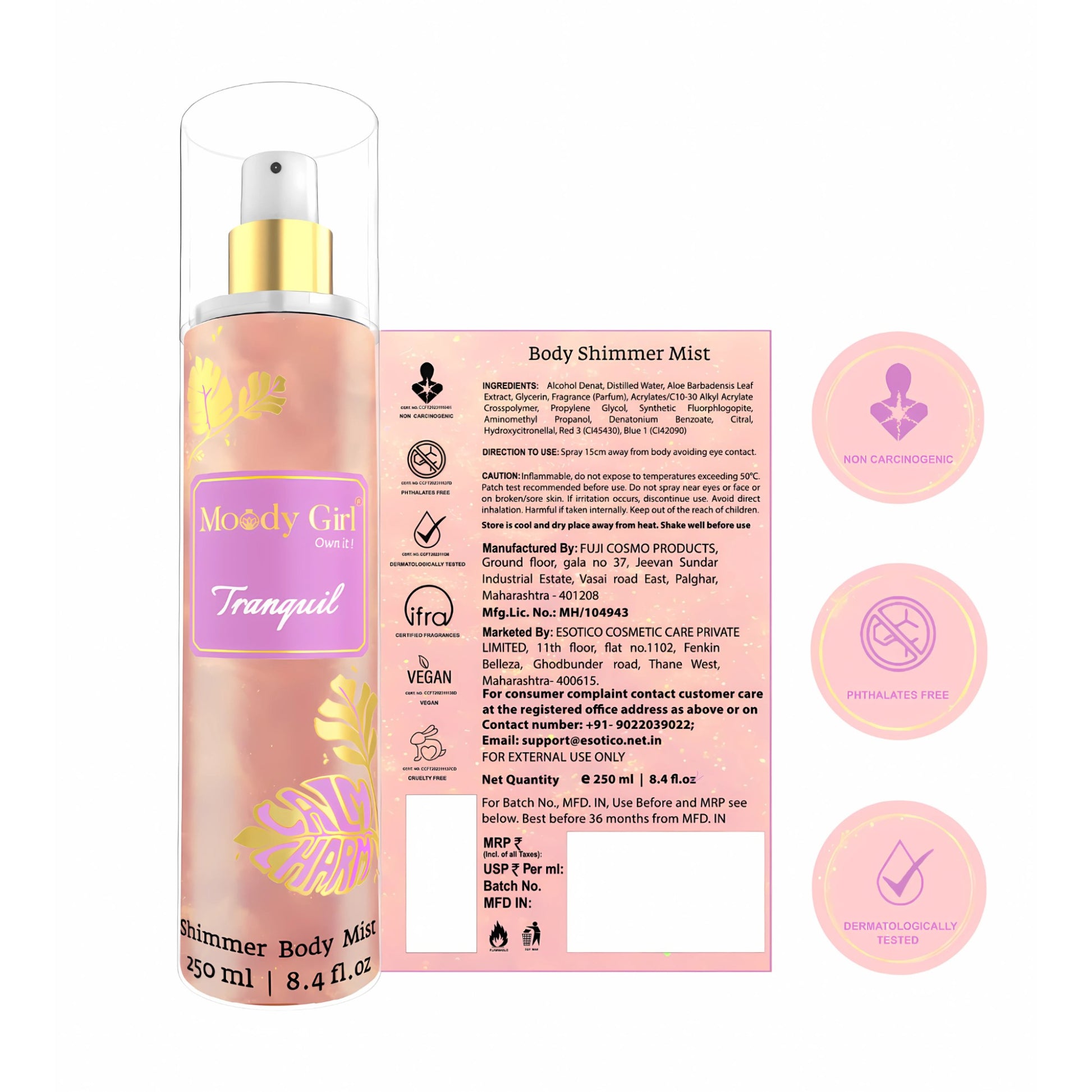 Shimmer body mist bottle with packaging and ingredient list on a white background