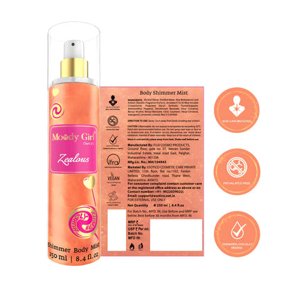 Moody Girl Zealous Shimmer Body Mist with packaging and ingredient list on a white background