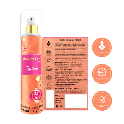 Moody Girl Zestful body shimmer mist with packaging and ingredients list on a white background