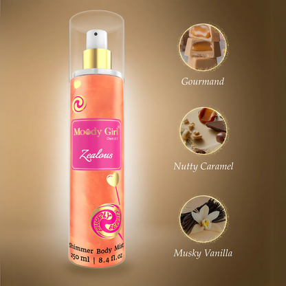 Moody Girl Zealous Shimmer Body Mist bottle with flavor options on a brown background