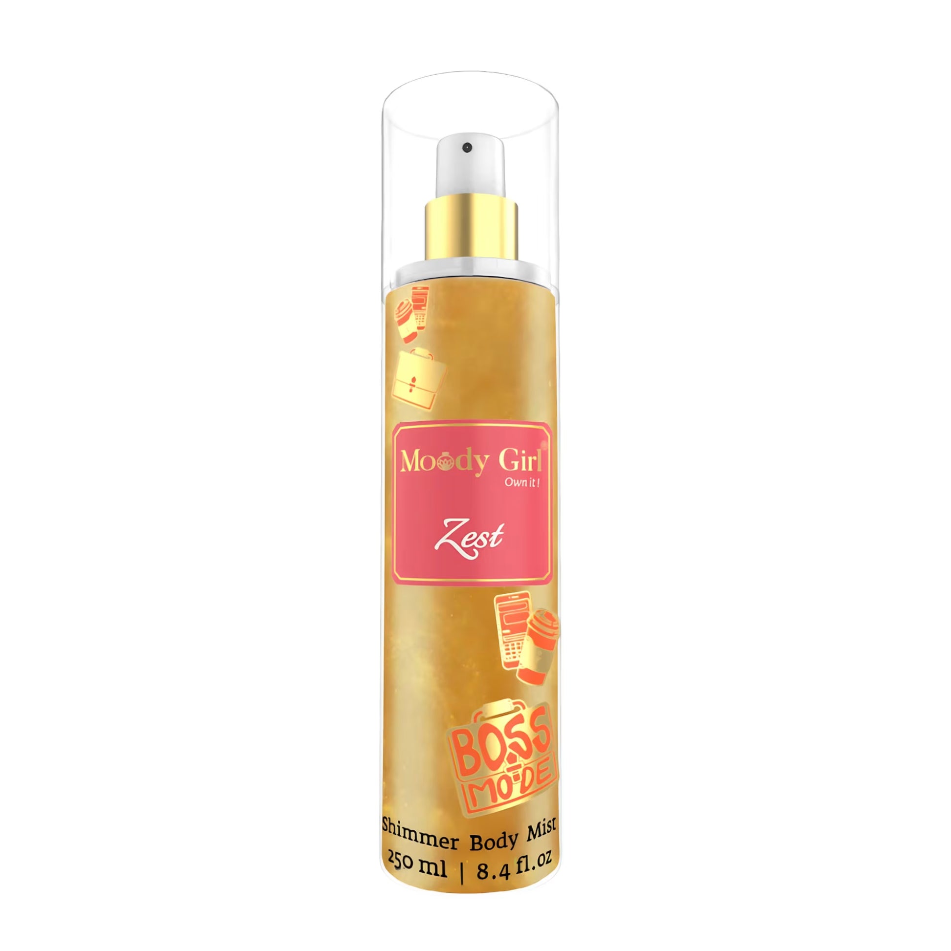 Moody Girl Zest shimmer body mist bottle on a white background