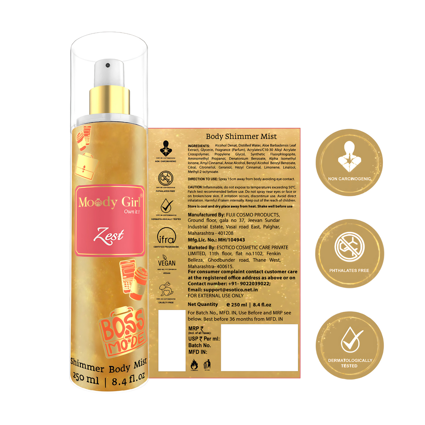 Moody Girl Zest body shimmer mist with packaging and labels on a white background