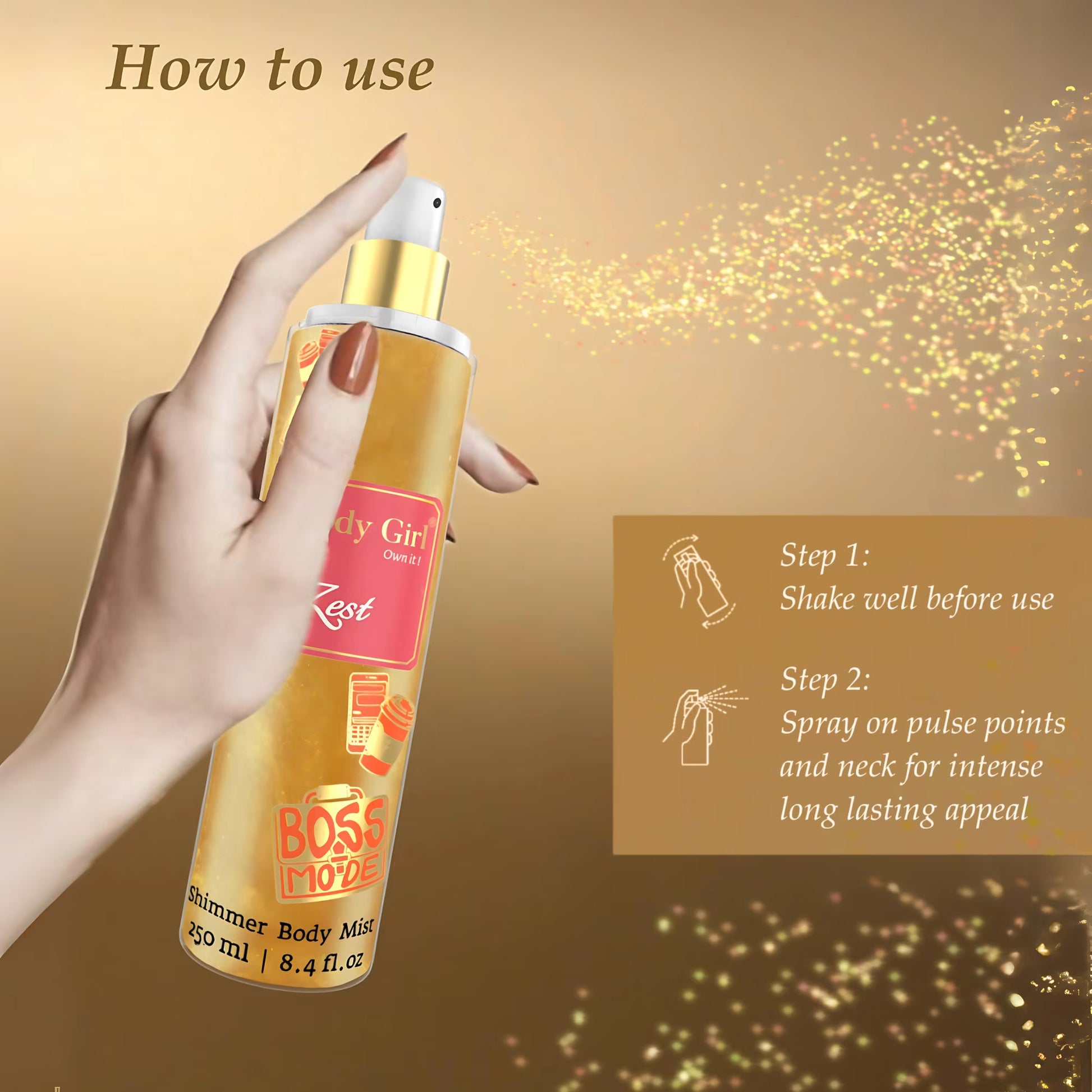 Hand holding a bottle of 'Moody Girl' Zest Shimmer Body Mist with usage instructions on a gold background.