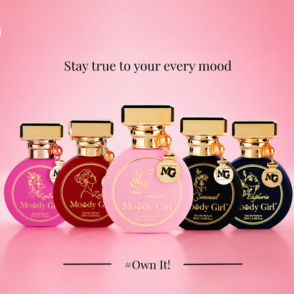 Five NG perfume bottles in different colors (pink, burgundy, light pink, black, and navy) lined up on a pink gradient background with the text 'Stay true to your every mood' and '#Own It!'.